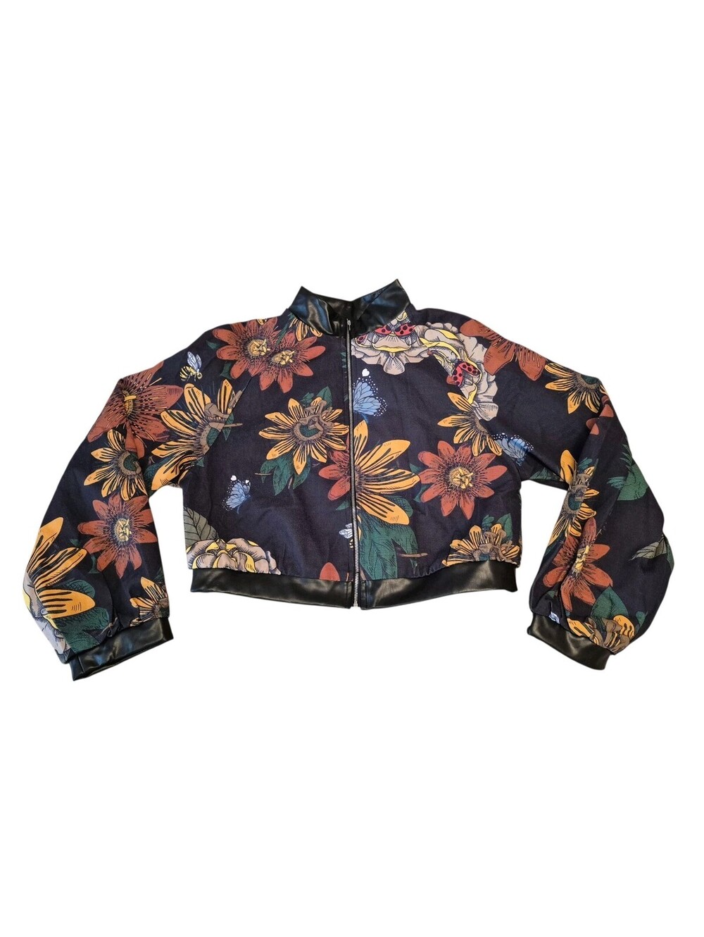 Frida Kahlo Black Denim Floral Zip Bomber Jacket Coat Size Large
